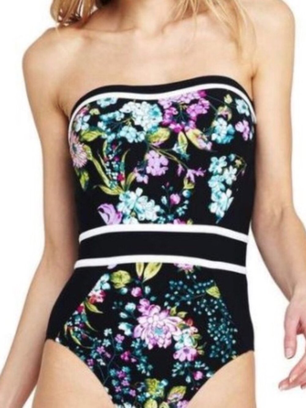 Lands' End Bandeau Black Floral One Piece Swimsuit 8